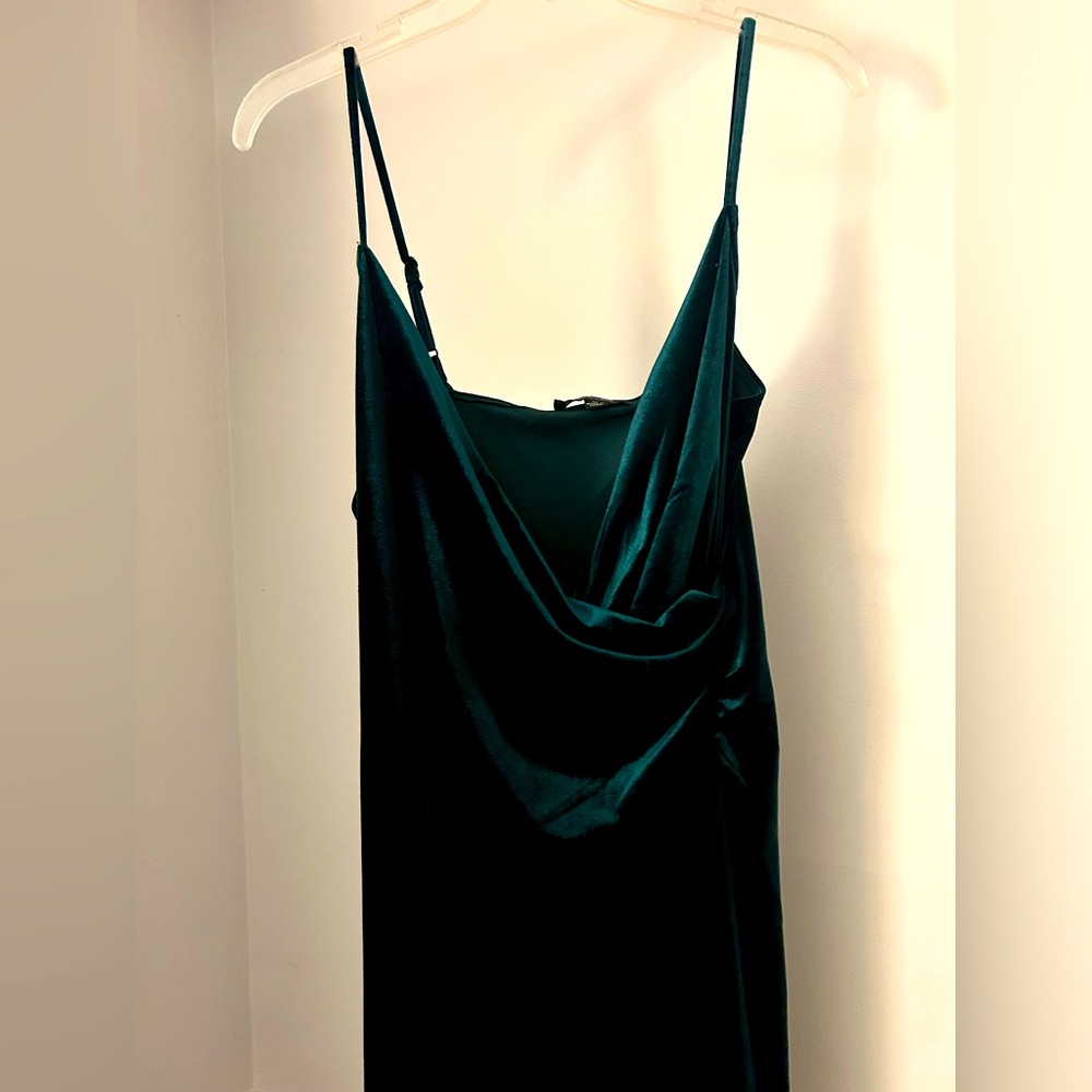Dark Green Velvet Dress Elegant Gown Size XL Rachel Zoe Slit Spaghetti Strap